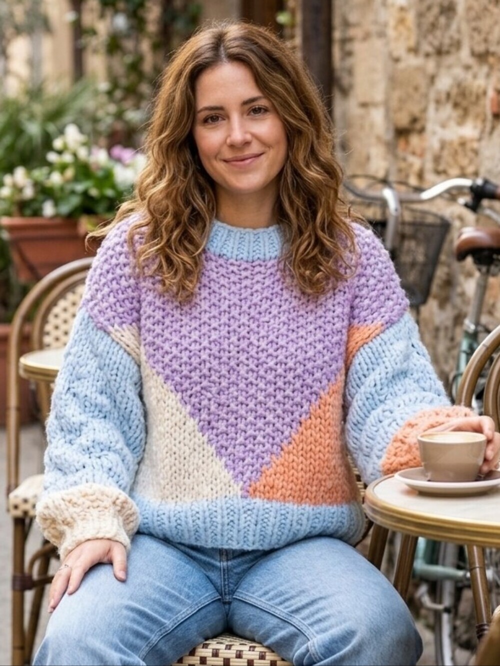 Entro Color Block Round Neck Pullover Sweater Knit orange blue purple Medium